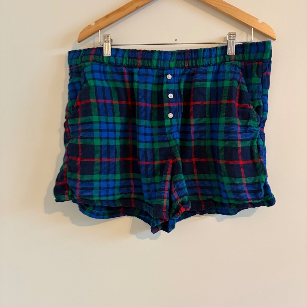 Aerie Flannel Pajama Shorts XL Green Blue Red Plaid Elastic Waist Lounge PJs